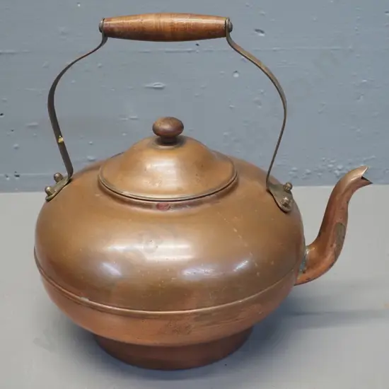 vintage copper tea kettle with wood and brass handles - some dents H-260 W-260