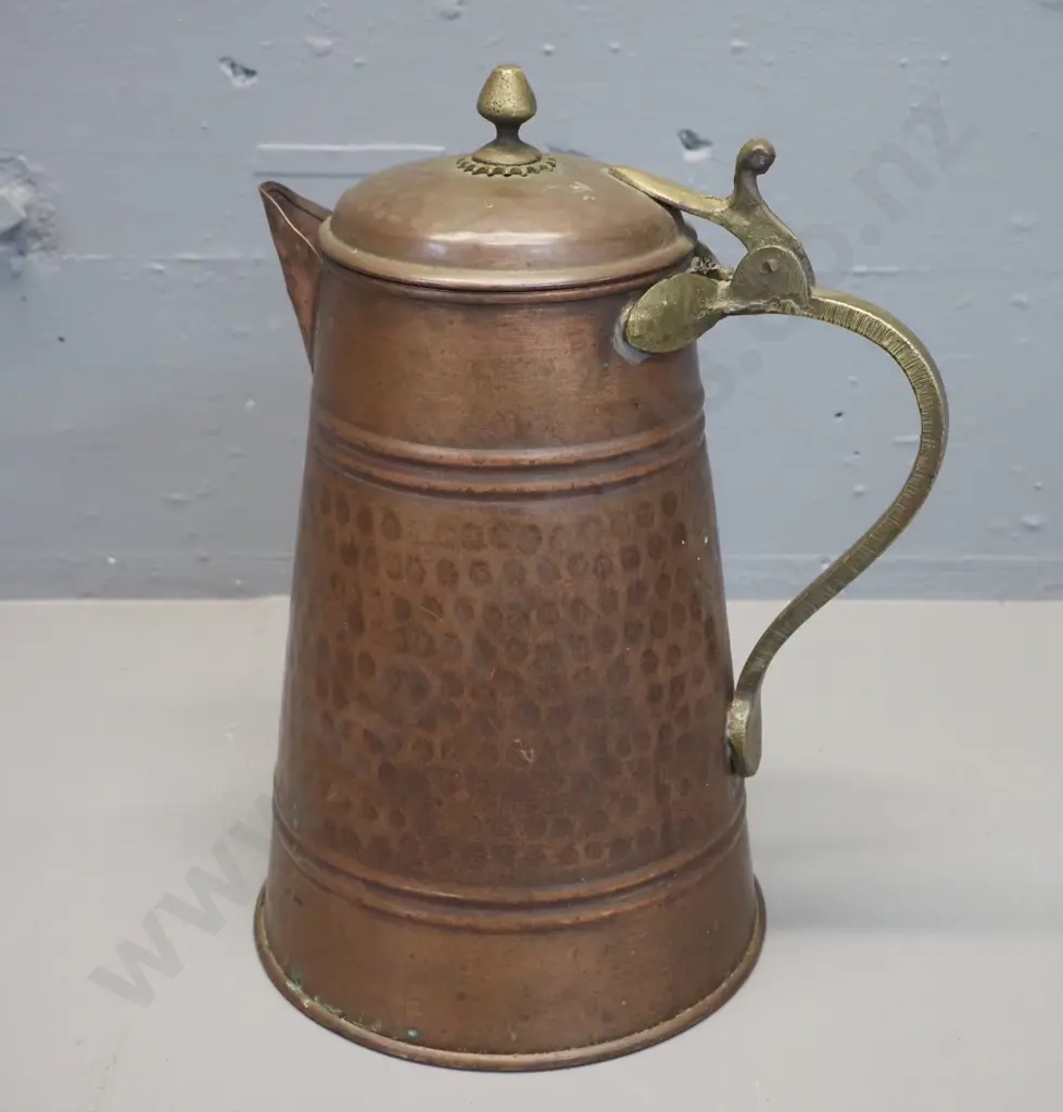 vintage beaten copper lidded jug with brass hinge and handles H-310 W-220 Image 1++