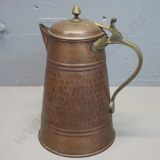 vintage beaten copper lidded jug with brass hinge and handles H-310 W-220