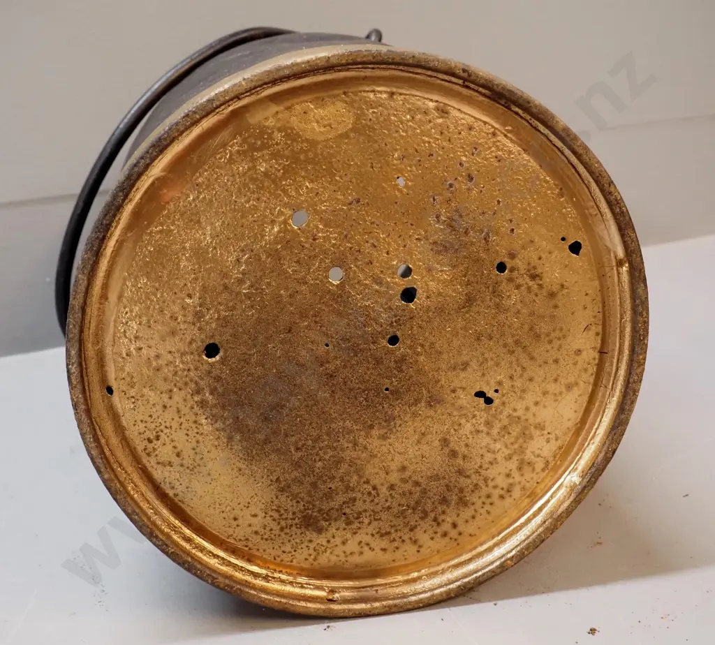 vintage iron milk can w/ brass plates - Co-op Dairy Otago, Aitchison, Hakataramea, holes in base H340 D220 Image 1++