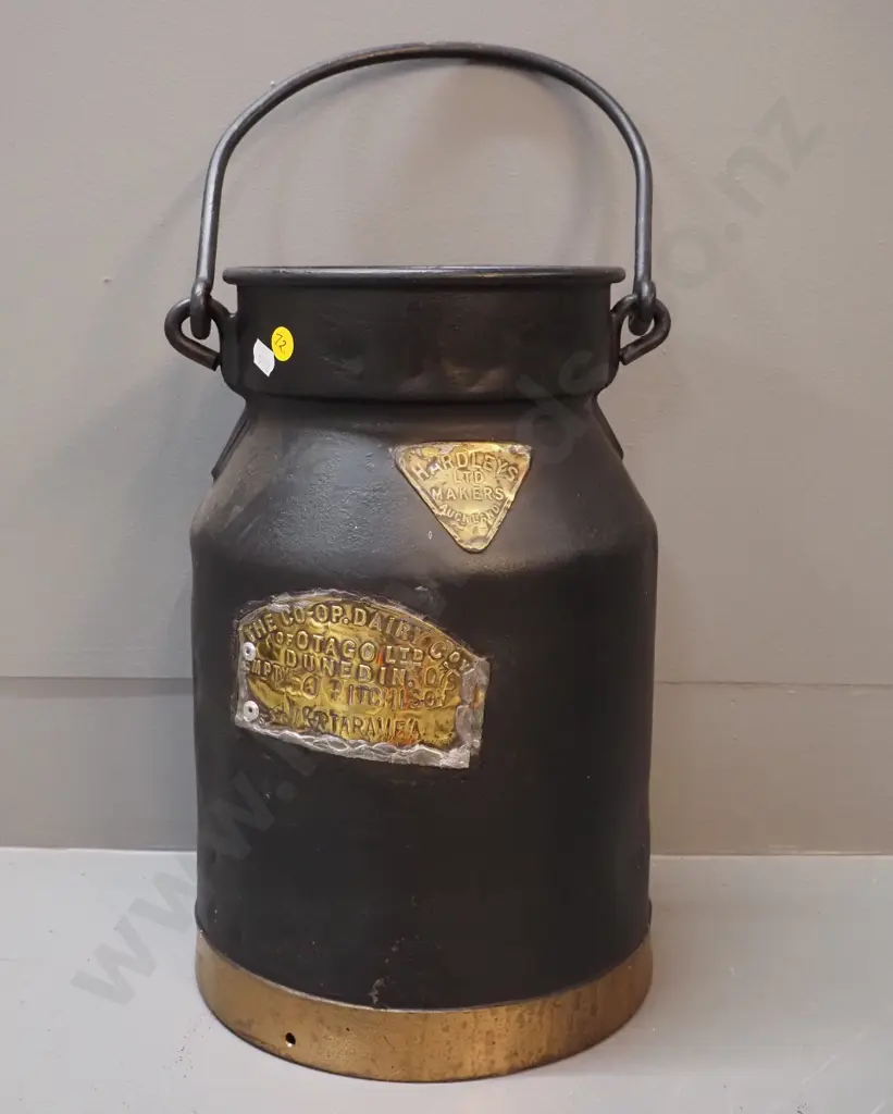 vintage iron milk can w/ brass plates - Co-op Dairy Otago, Aitchison, Hakataramea, holes in base H340 D220 Image 1++