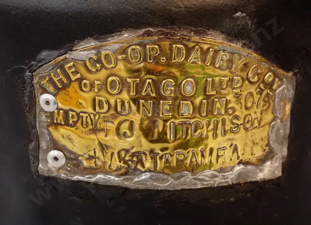 vintage iron milk can w/ brass plates - Co-op Dairy Otago, Aitchison, Hakataramea, holes in base H340 D220 Image 1++