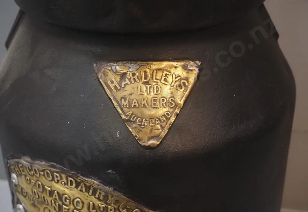 vintage iron milk can w/ brass plates - Co-op Dairy Otago, Aitchison, Hakataramea, holes in base H340 D220 Image 1++