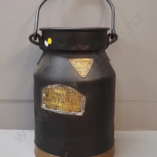 vintage iron milk can w/ brass plates - Co-op Dairy Otago, Aitchison, Hakataramea, holes in base H340 D220