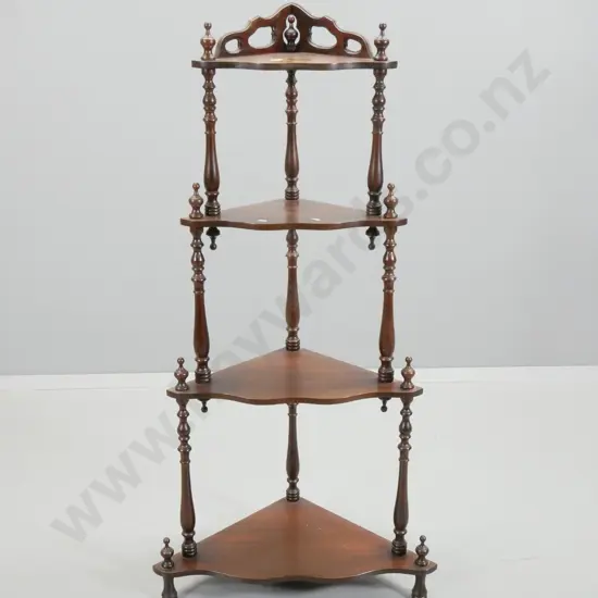 reproduction mahogany 4-tier corner what-not with turned spindle upstands H-1240 W-620 D-370