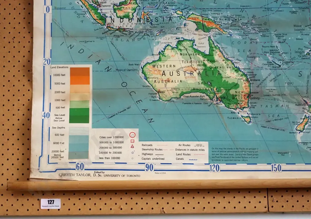 vintage school map of The Pacific Area - some damage and creasing - map size H-1000 W-1610 Image 1++