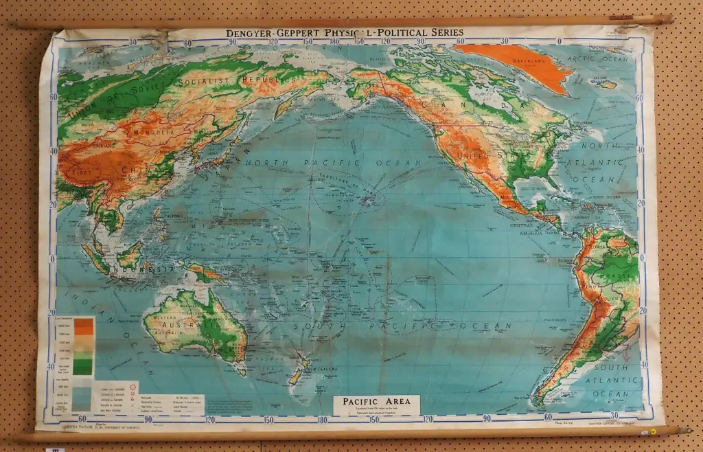 vintage school map of The Pacific Area - some damage and creasing - map size H-1000 W-1610 Image 1++