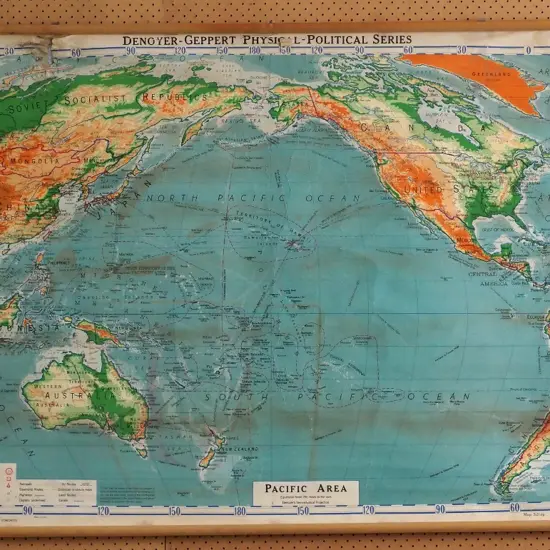 vintage school map of The Pacific Area - some damage and creasing - map size H-1000 W-1610