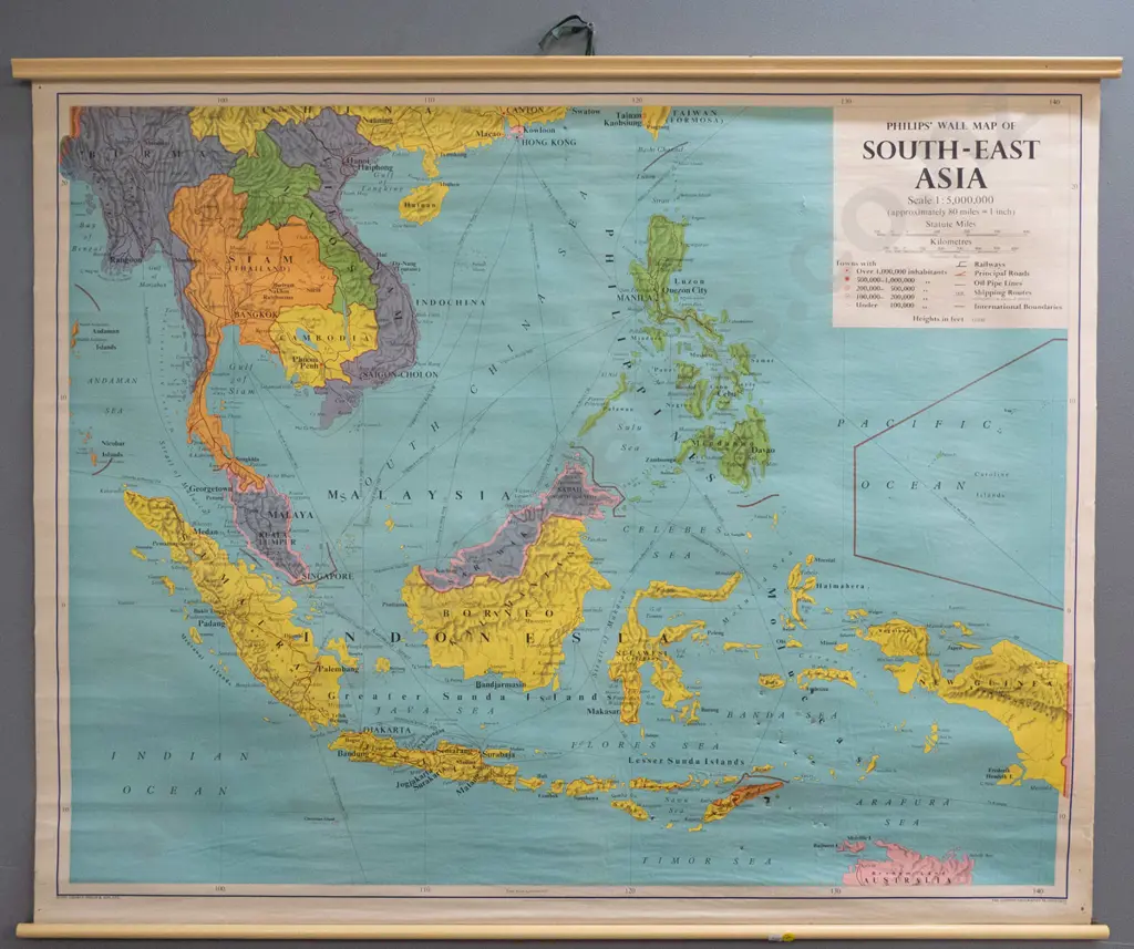 1971 London Geographical Institute school map on cream painted wooden runners - South-East Asia. Some holes. H940 W1160 Image 1++