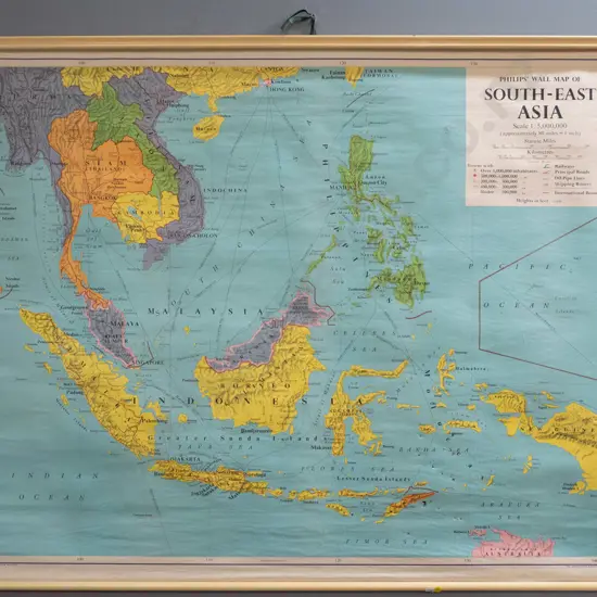 1971 London Geographical Institute school map on cream painted wooden runners - South-East Asia. Some holes. H940 W1160