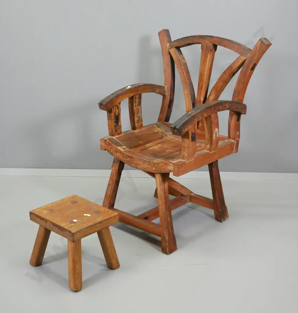 reproduction hardwood oriental-style armchair with antiqued finish, matching foot-stool. H-950 W-690 D-540 Image 1++