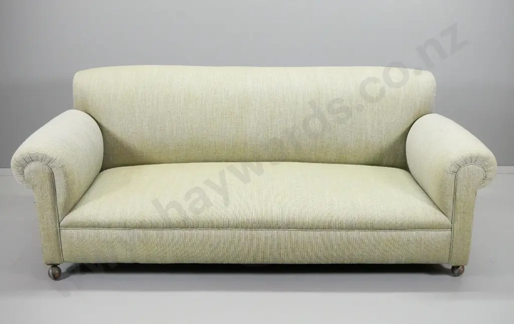 vintage coil-spring large rolled-arm chesterfield settee in green tweed fabric, on casters H-800 W-1970 D-820 Image 1++