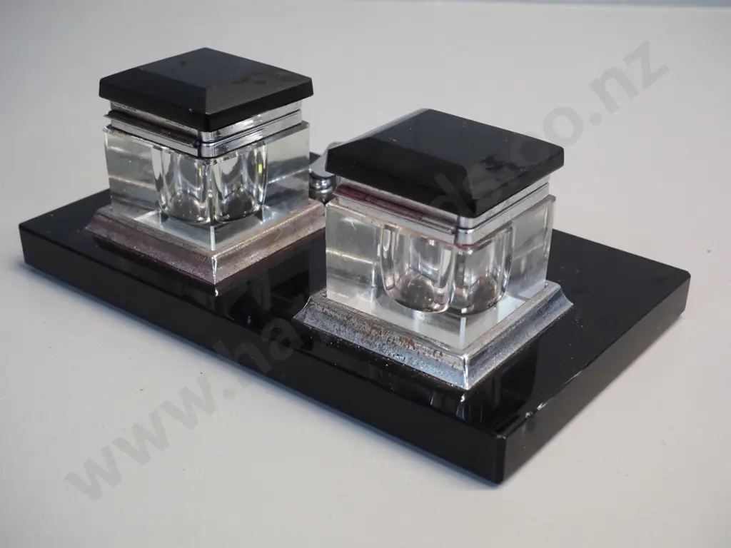 deco pen and ink stand - heavy black glass, clear glass and chrome - chip to edge, some pitting to chrome H80 W230 D140 Image 1++