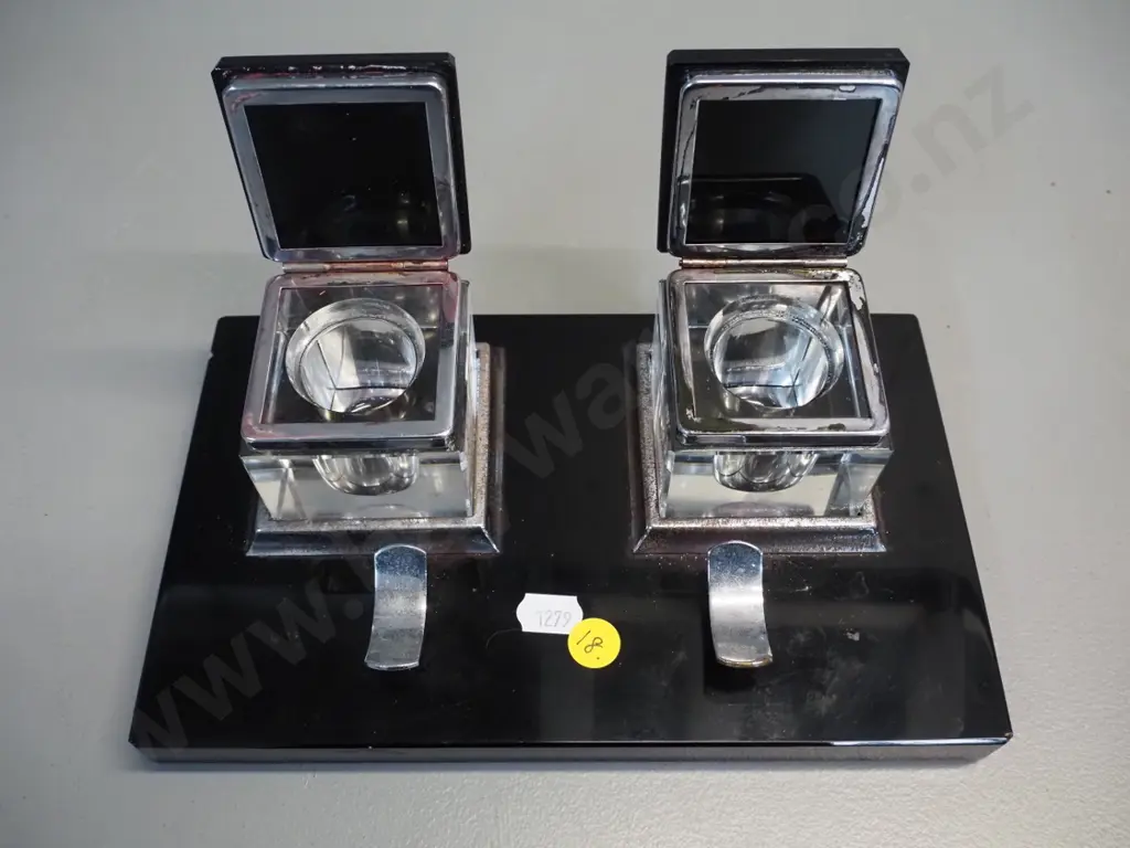 deco pen and ink stand - heavy black glass, clear glass and chrome - chip to edge, some pitting to chrome H80 W230 D140 Image 1++