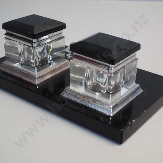 deco pen and ink stand - heavy black glass, clear glass and chrome - chip to edge, some pitting to chrome H80 W230 D140
