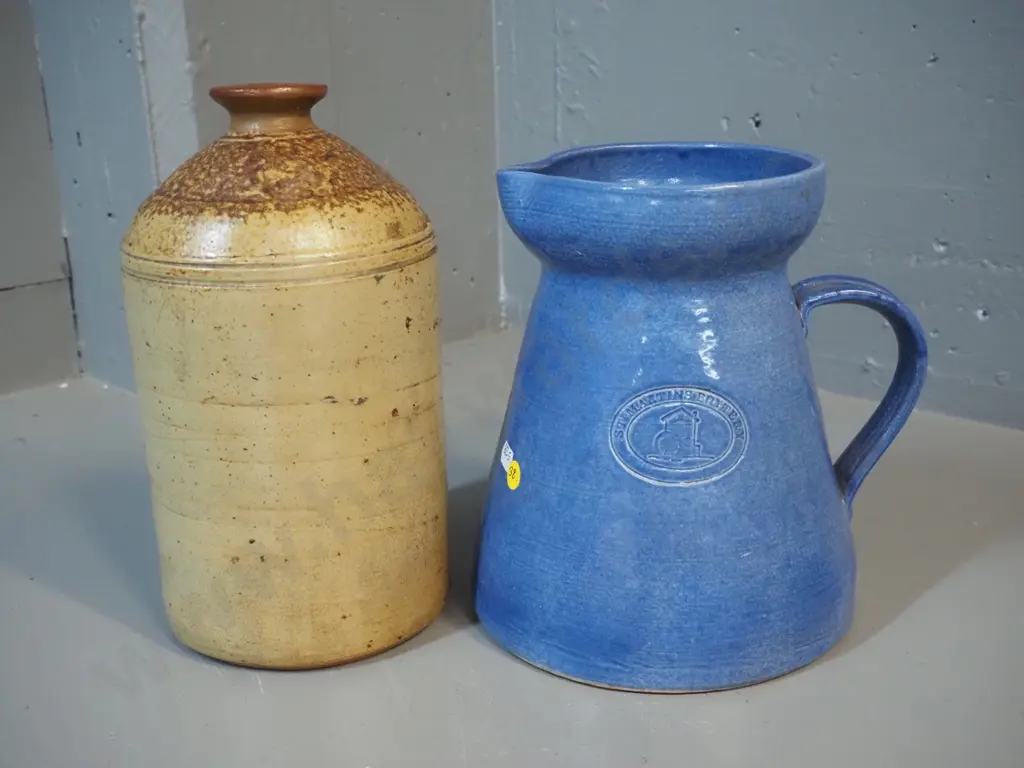 St. Martins Pottery Christchurch blue glaze large jug H-230 W-230 and a stoneware crock, no maker's mark Image 1++