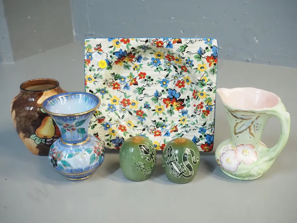 3 pieces English porcelain incl,. Tunstall Luscious vase, James Kent jug, Australian motif salt & pepper etc Image 1++