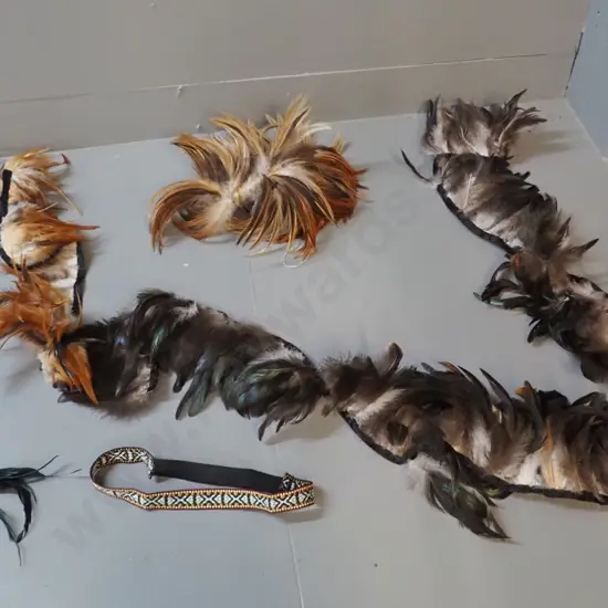 assorted feather costume trim pieces, feather hair piece, braided headband