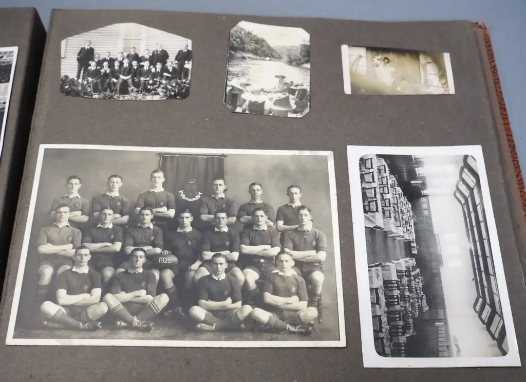 vintage photo album full of sports team and school photos - including 1926 & 1928 King's College Auckland rugby team Image 1++