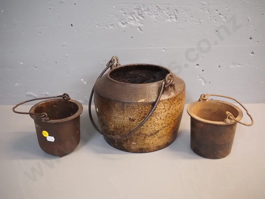 3 vintage glue pots - large outer with crack H-180 D-220  and 2 non-matching smaller inner pots Image 1++