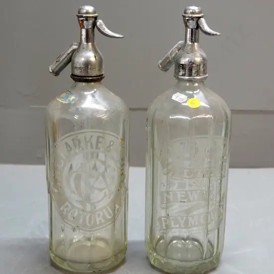 2 vintage soda syphons - Clark & Son Rotorua and TB & Co. New Plymouth