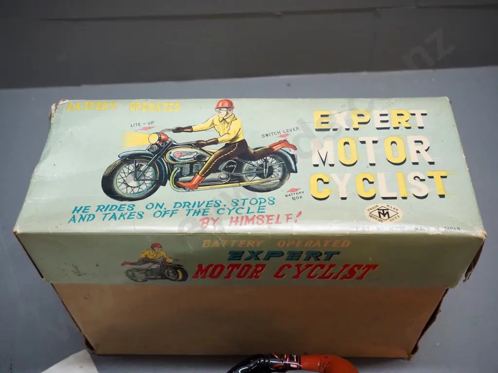 Japanese tin toy "Expert Motorcyclist" battery powered toy - with box tag and instructions - VG condition but untested Image 1++