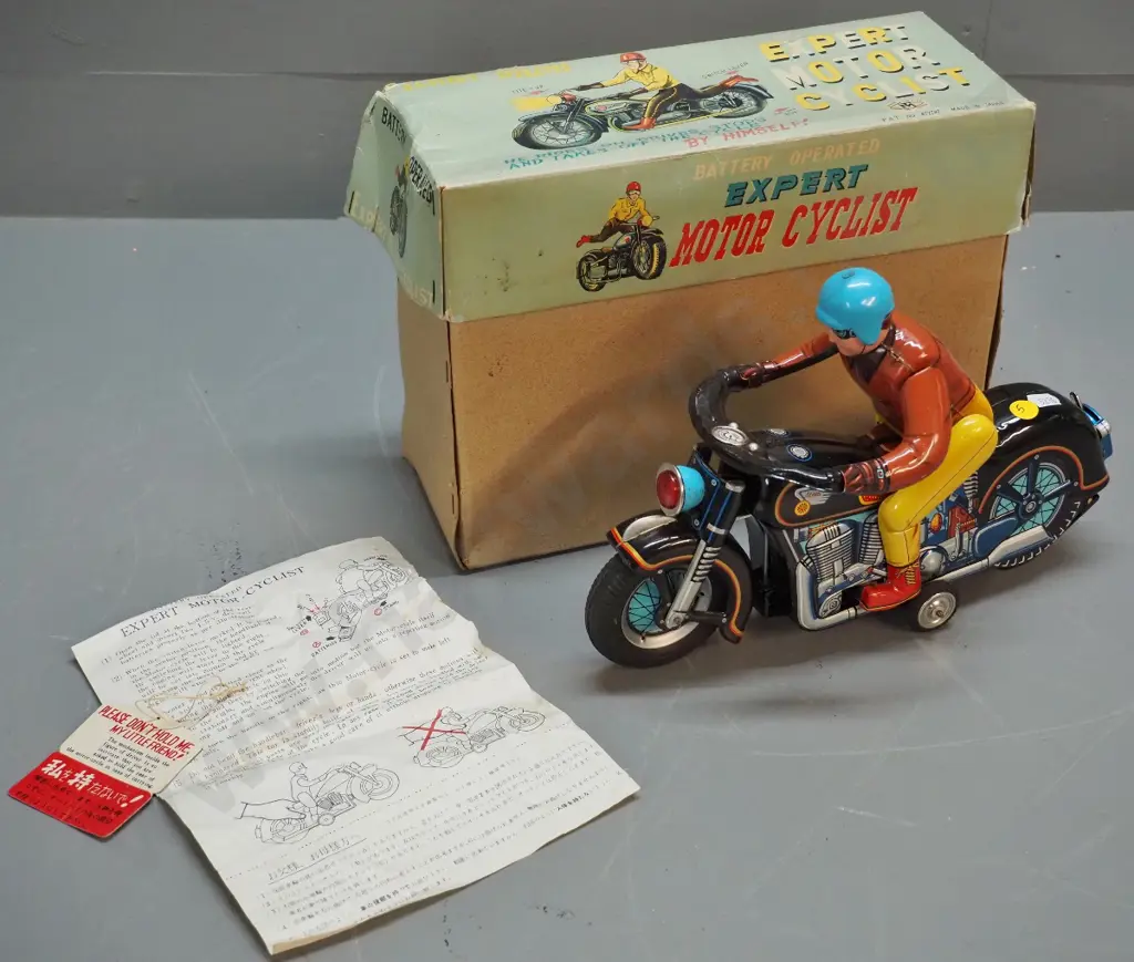 Japanese tin toy "Expert Motorcyclist" battery powered toy - with box tag and instructions - VG condition but untested Image 1++