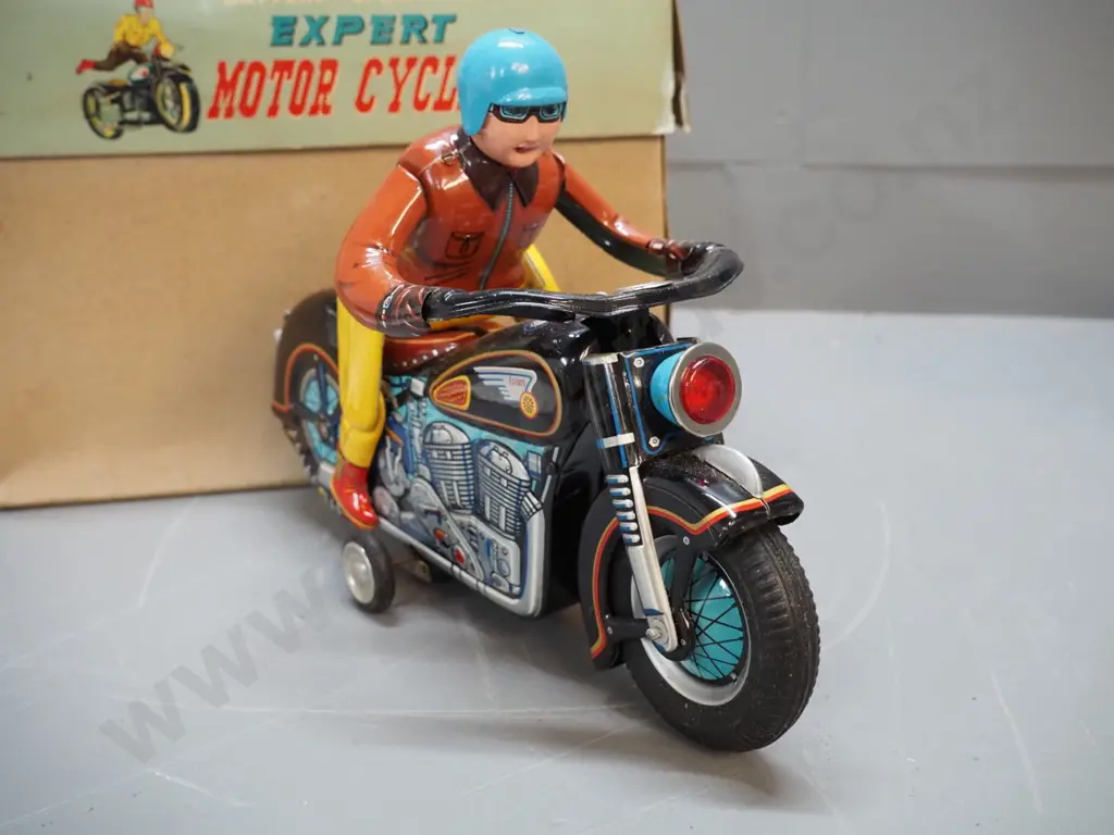 Japanese tin toy "Expert Motorcyclist" battery powered toy - with box tag and instructions - VG condition but untested Image 1++