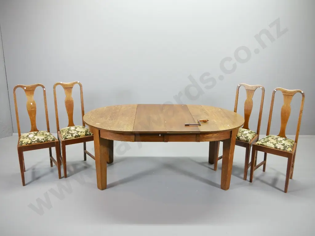 deco oak 5-piece dining suite - splat back chairs w/printed cotton fabric, round extending table with 2 leaves & Image 1++