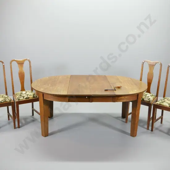 deco oak 5-piece dining suite - splat back chairs w/printed cotton fabric, round extending table with 2 leaves &
