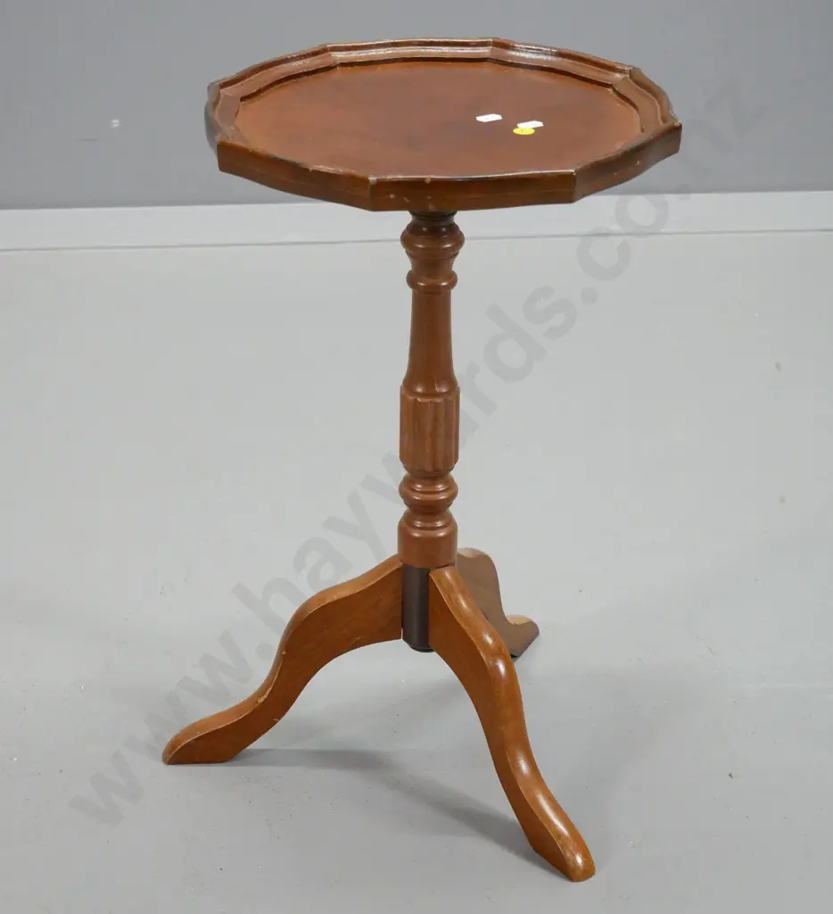 mahogany reproduction wine table with pie crust edge, tripod column base, legs are loose H520 D330 Image 1++