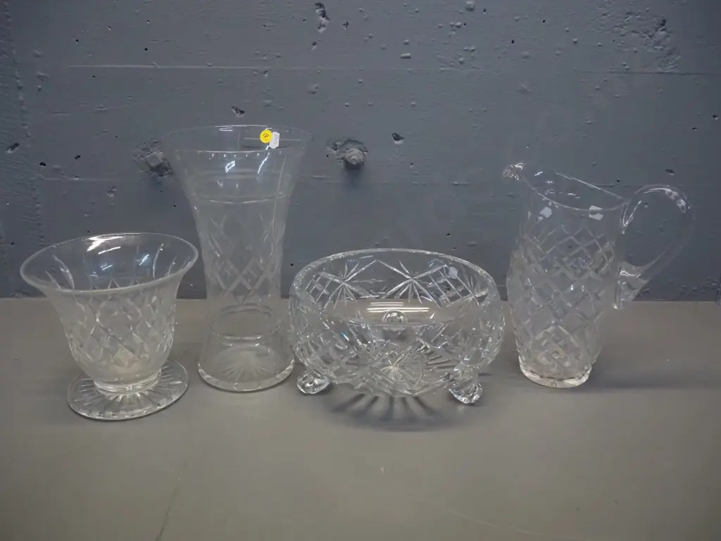 4 cut crystal items - large water jug, salad bowl, 2 vases - taller vase is H-255 Image 1++