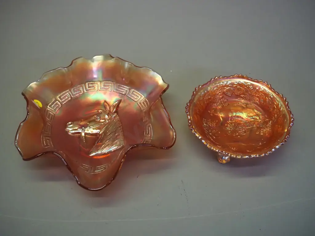 2 marigold carnival glass bowls - larger horse themed one is D-190 Image 1++
