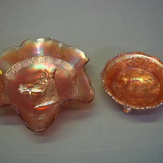 2 marigold carnival glass bowls - larger horse themed one is D-190