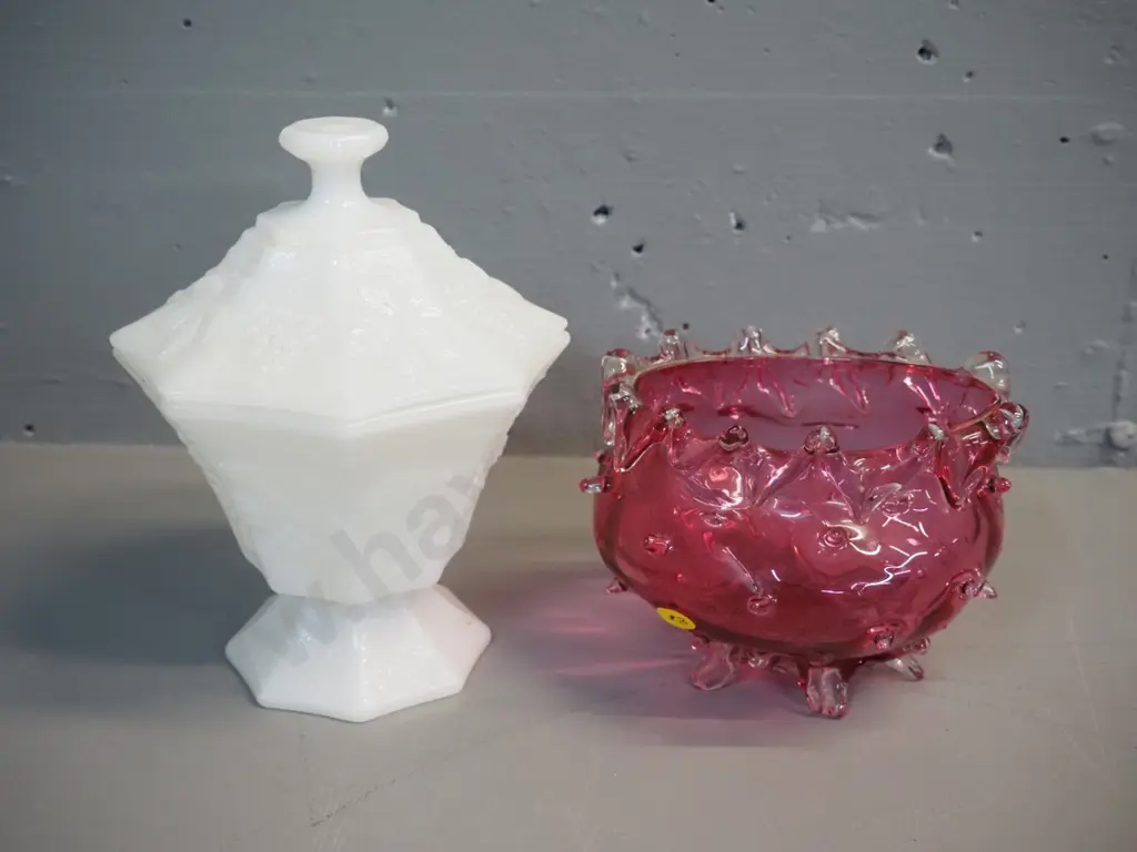 hand-blown ruby glass footed bowl and a moulded milk glass octagonal cover pot H-210 Image 1++