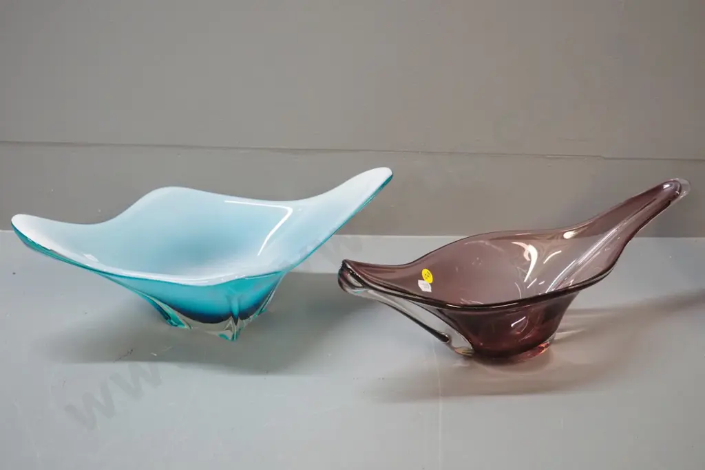 2 heavy art glass bowls - purple with clear base and teal with white lining - each approx L-400 Image 1++