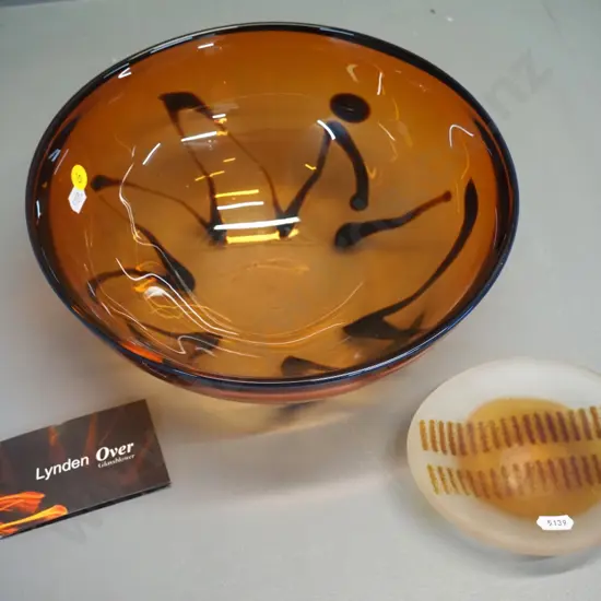 Linden Over NZ hand blown glass bowl D-255 and a small art glass frosted finish dish, no maker's marks