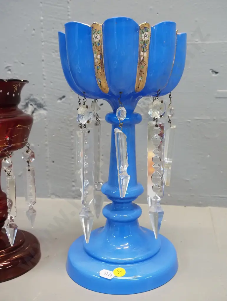 blue opaque glass lustre vase, some lustres replaced, chips to base H290, and ruby glass lustre vase Image 1++