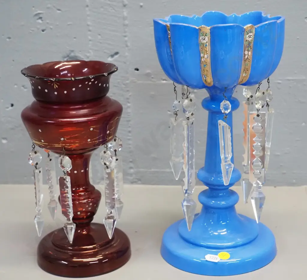 blue opaque glass lustre vase, some lustres replaced, chips to base H290, and ruby glass lustre vase Image 1++