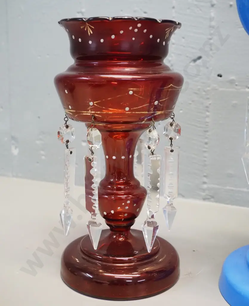 blue opaque glass lustre vase, some lustres replaced, chips to base H290, and ruby glass lustre vase Image 1++