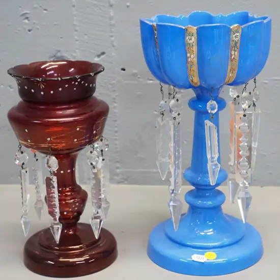 blue opaque glass lustre vase, some lustres replaced, chips to base H290, and ruby glass lustre vase