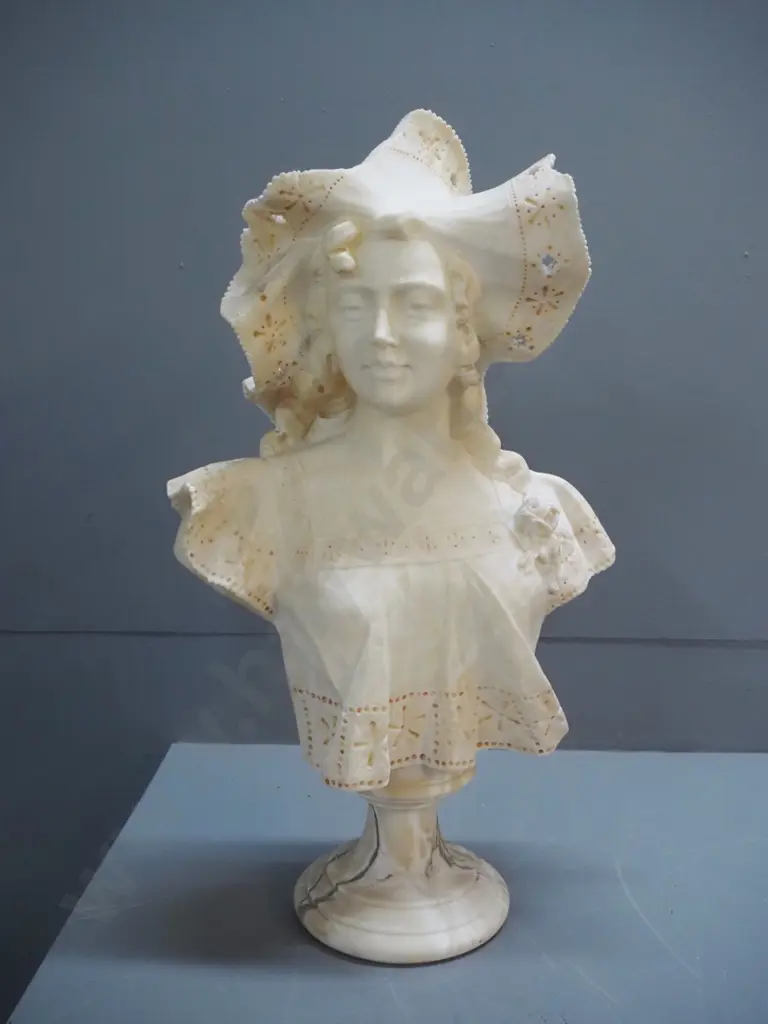 composite faux stone bust H-500 on marble column stand H-1070 - bust has damage and repairs to top Image 1++