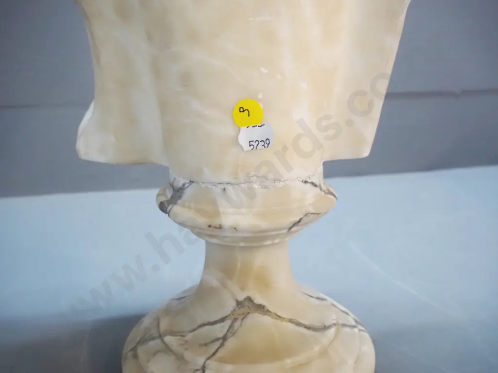 composite faux stone bust H-500 on marble column stand H-1070 - bust has damage and repairs to top Image 1++