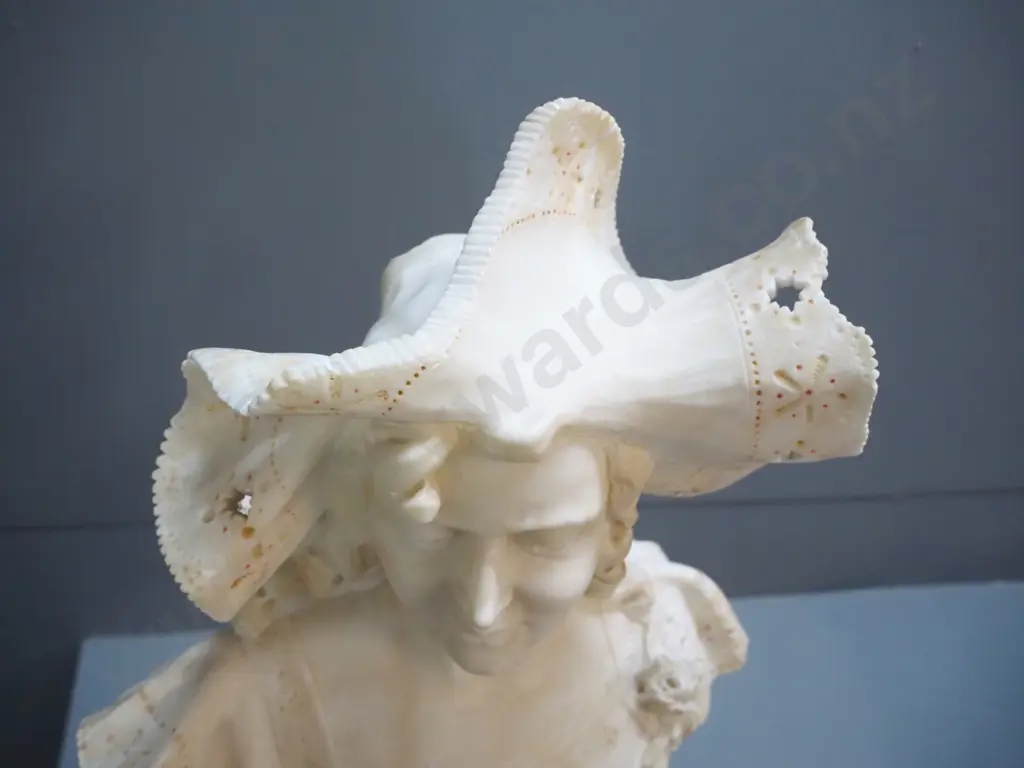 composite faux stone bust H-500 on marble column stand H-1070 - bust has damage and repairs to top Image 1++