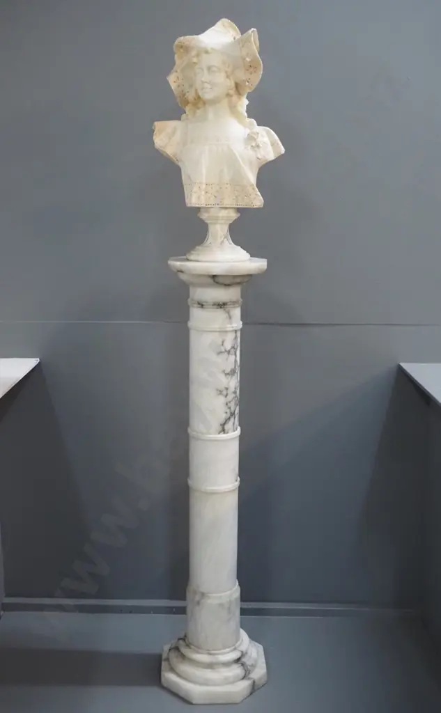 composite faux stone bust H-500 on marble column stand H-1070 - bust has damage and repairs to top Image 1++