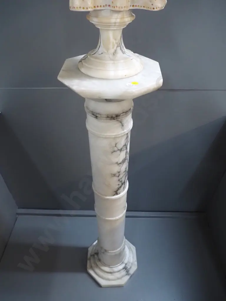 composite faux stone bust H-500 on marble column stand H-1070 - bust has damage and repairs to top Image 1++