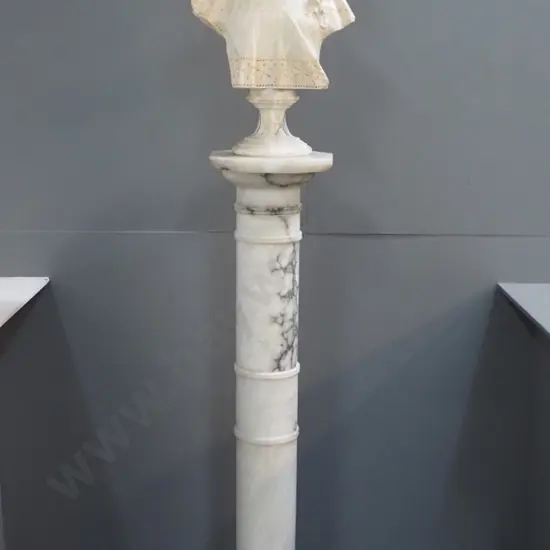 composite faux stone bust H-500 on marble column stand H-1070 - bust has damage and repairs to top