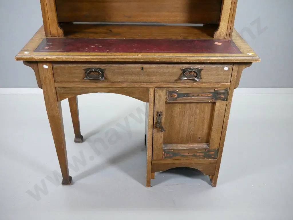 Arts & crafts oak writing desk w/glazed bookcase top w/copper handles & strap hinges, applique timber motto, Image 1++
