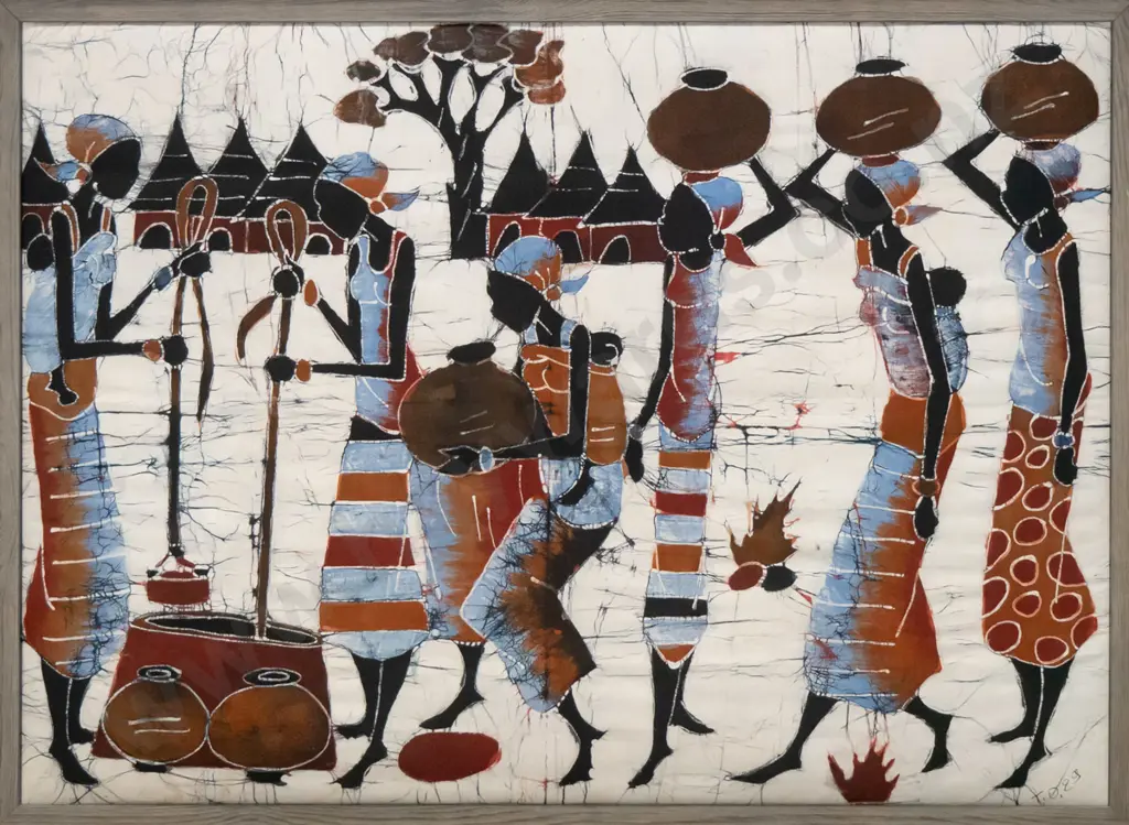 framed batik print - village scene H-630 W-870 Image 1++