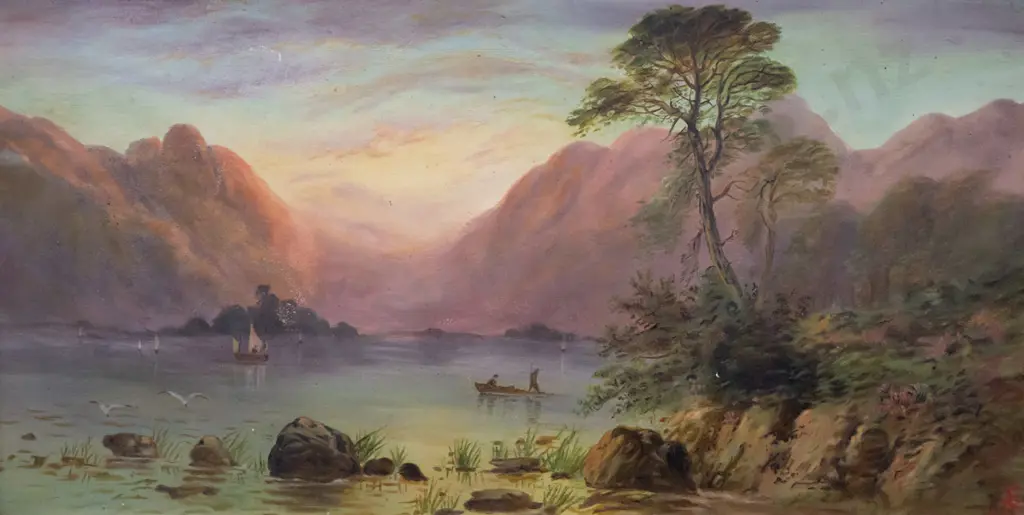 framed oil on board - lake scene (slight age damage) H-310 W-600 Image 1++